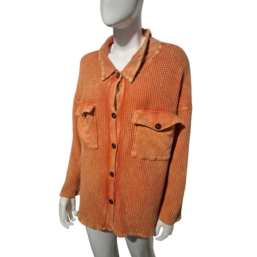 Bucket List Orange Vintage Wash Waffle Knit Shacket Oversized Womens size Small‎